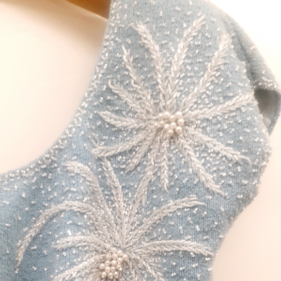 Vintage 1950's/60's BLUE WOOL KNIT Pearl Beaded Sweater Blouse Top - Picture 7 of 10